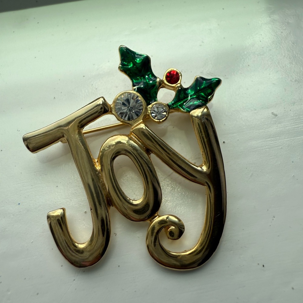 Vintage Goldtone ‘Joy' Brooch with Gem Accents/ Christmas Brooch